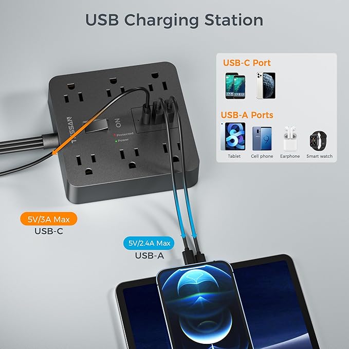 TESSAN Black Surge Protector Power Strip 10 ft Cord, Flat Plug Extension Cord with 6 Outlets 3 USB Ports (1 USB C), 1700J Protection, Heavy Duty Power Strip for Indoor Home Office School Dorm Room