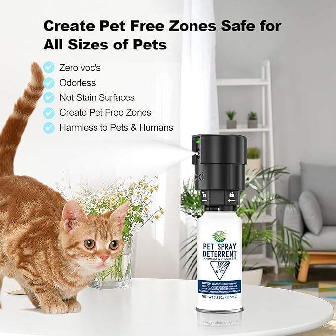 Cat Spray Deterrent System [2 Pack] Automatic Cat Deterrent Spray, Motion Activated System for Cats & Dogs Odorless Pet Deterrent, Senses Pets Up to 3 Feet Away, Friendly & Safe Pet Deterrent Spray