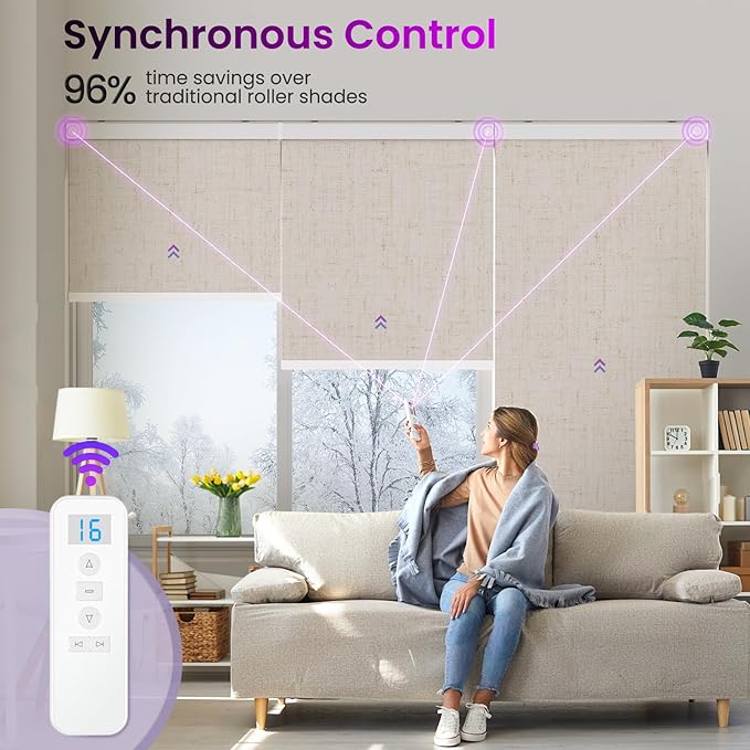 Astomi Motorized Roller Shades for Windows, Blackout Automatic Blinds with Remote, Smart Blinds, Voice Control, Compatible with Alexa, Google, Custom Size, Linen Beige