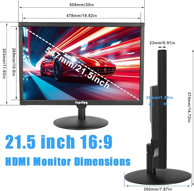 Suprlipy 21.5" FHD Mini LCD Monitor Display Screen 1920x1080 60Hz 16:9 BNC VGA HDMI AV with USB Input Built-in Loudspeaker for CCTV Security Camera DVR PC Game Console