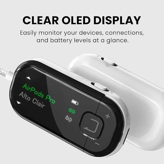 Avantree Voyager – OLED Display & Latest Auracast Bluetooth 5.4 Adapter for Airplane, Qualcomm Chip & aptX Adaptive, Wireless Audio Transmitter for Headphones, AirPods, Travel & Flight