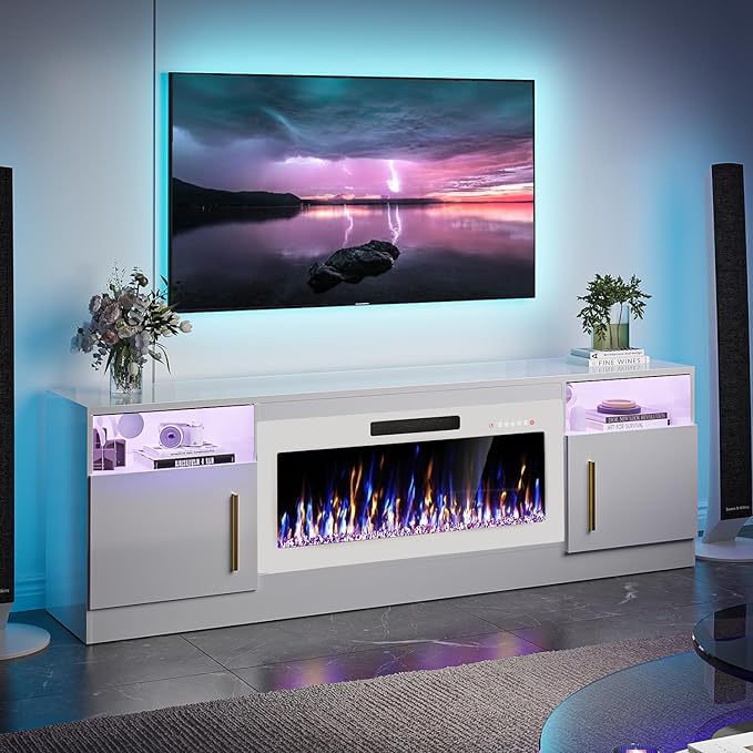 VITESSE TV Stand Fireplace with 36" inch Electric Fireplace Up to 80" TVs, LED Light Entertainment Center, 70" Modern Wood High Gloss with Highlight Storage Cabinet for Living Room (White)