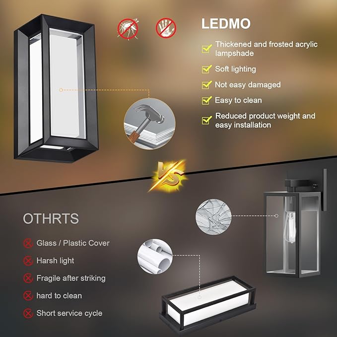 ledmo Outdoor Wall Light 1800Lm Modern Outdoor Porch Light 3000K Bright Lighting Black Exterior Lighting Fixture Waterproof Christmas Fixture for House,Patio,Garage,Backyard,Hallway（2 Pack