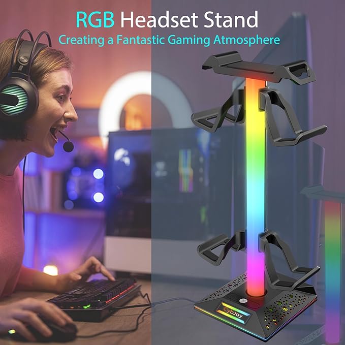 CybJoy RGB Headset Stand, Gaming Controller Stand with 2 USB and 1 Type-C Ports,10 Light Modes Headset Holder PC Gaming Accessories, Suitable for All Earphone Accessories, Gift for Boys Men Gamers