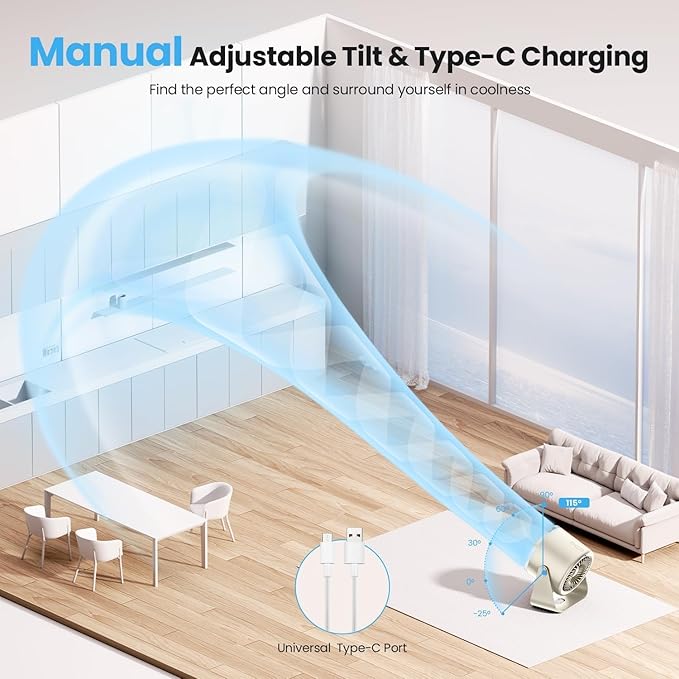 DURBESTER Small Desk Fan, 28dB Ultra-Quiet Desktop Air Circulator with 115° Adjustable Tilt, 100 Speeds, Rechargeable Battery, USB-Powered, Portable for Bedroom, Office, Kitchen, Travel -White