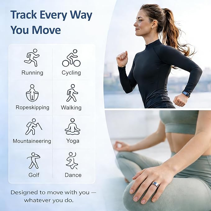 Smart Ring Health & Fitness Tracker for Men & Women, Heart Rate, SPO₂, Sleep & Activity Monitoring, IP68 Waterproof, Long Battery Life, Family Care Mode, No Subscription Fee (Silver, 12)