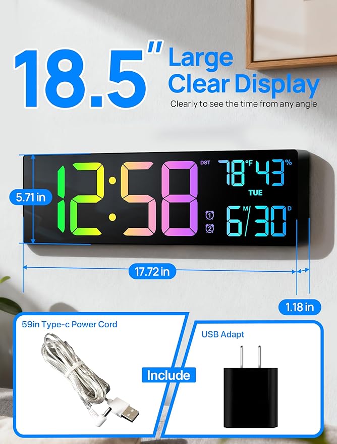 18.5" Large Digital Wall Clock with Remote Control, Big LED Display Digital Clocks with Night Light, Alarm, Countdown, DST, Temp, Date for Living Room, Bedroom, Office, Gift for Seniors(Black)