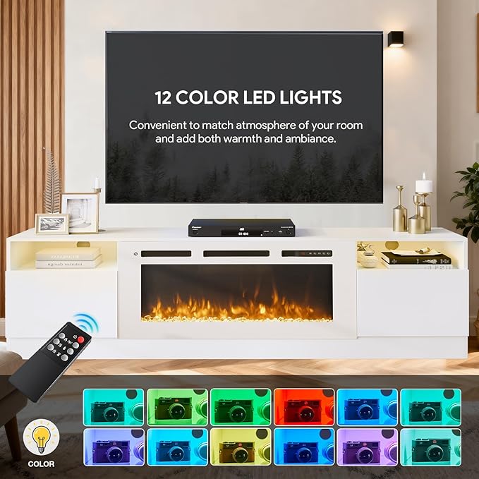 YISUFO 80” TV Stand with 36” Electric Fireplace, Large Modern Media Entertainment Center with Storage Cabinet and 12 Colors LED Lights for TVs Up to 90",All Black