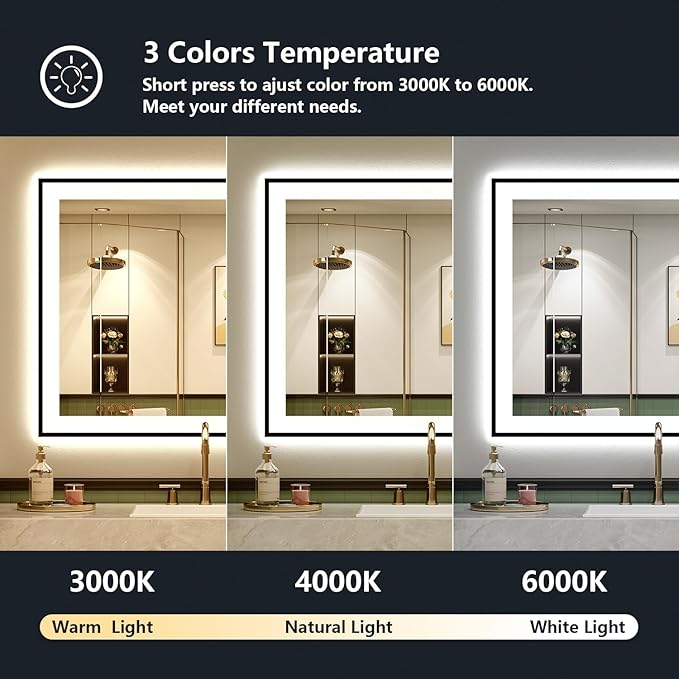 YEELAIT 40x30 Inch LED Bathroom Mirror with Lights (Front Lit and Backlit) Black Framed Lighted Vanity Mirror for Bathroom Wall Dimmable Anti-Fog Memory Tempered Glass Horizontal/Vertical