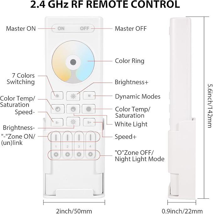 XXK 4-Zone 2.4G Wireless RF Remote Control, 99ft 360 Control, 4 Channel Group Control for Home CCT LED Strip Lights