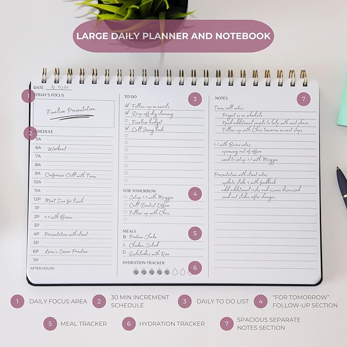 Undated Daily Planner | 8.25” x 11.75” Work To-Do Notebook | ADHD Academic Organizer | Multi-Layout | Men and Women Planner | College Supplies | Black | Landscape Layout