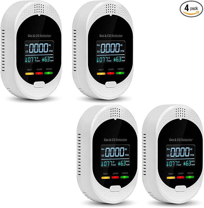 4PCS 4-in-1 Carbon Monoxide & Natural Gas Detectors with Temperature/Humidity LCD Display, Plug in Co Leak Detector Propane Monitor for Home Travel RV Essentials, Sound Alarm Over 85dB