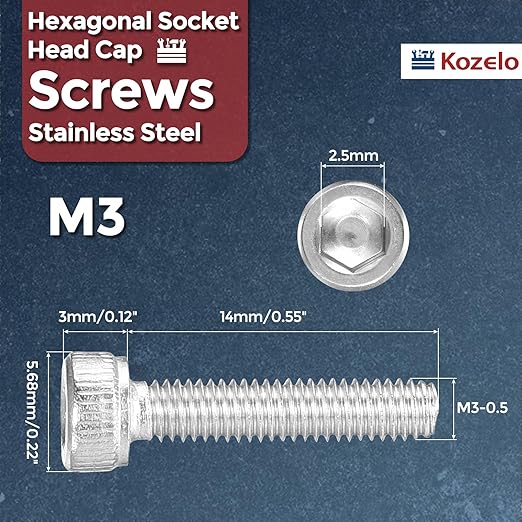 Kozelo 100pcs Socket Head Cap Screws - [M3-0.35 x 14mm] 304 Stainless Steel Allen Socket Drive for Electrical Motor 3D Printing Fan Engine Replacement Use, Silver