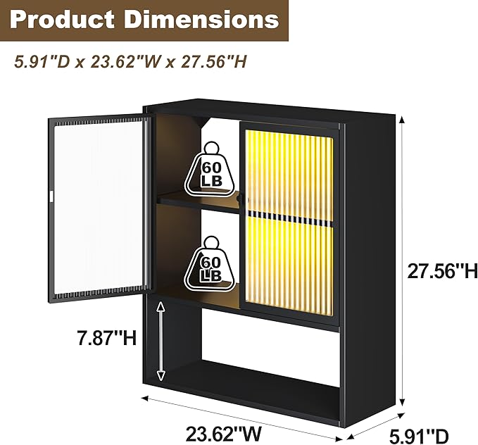 Wall Mounted Bathroom Cabinet with Glass Doors, Metal Over Toilet Storage Cabinets with Open Shelves, Medicine Cabinets for Bathroom, Living Room, Bedroom, Black