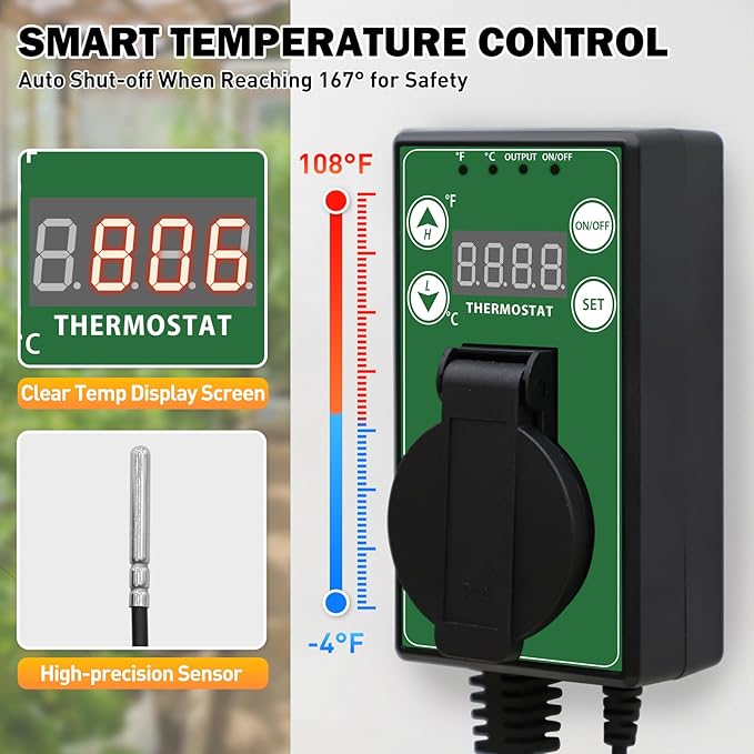 COOS BAY Digital Thermostat Controller -4 to 108°F, Temperature Control for Greenhouse Heater, Heat Mat, Grow Tent, Garage, Reptile Enclosure, Homebrew, Seedling, 15A/1500W, Green, 2 Pack