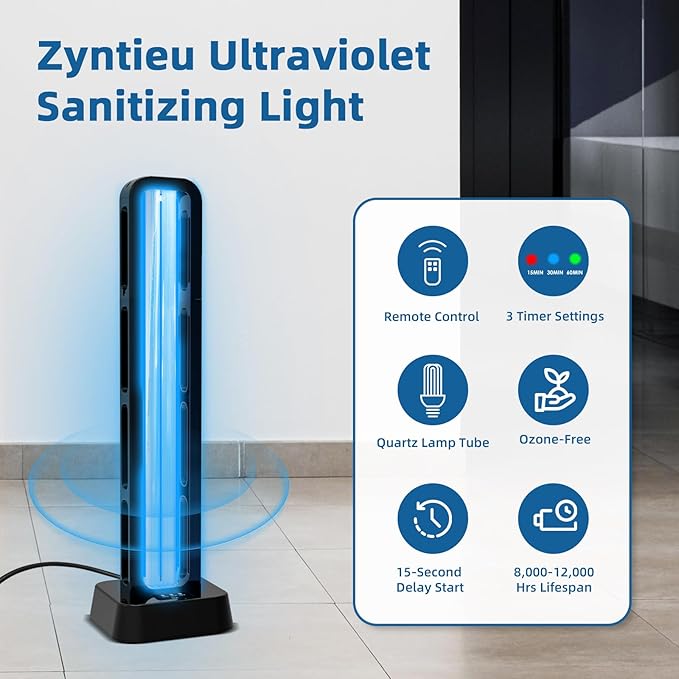 Zyntieu 69W UV Light Sanitizer with Remote Control and 3 Timers – Home Disinfection Device 99.99% Cleaned of Germs, Viruses, Mold and Dust Mites – Whole Room Disinfection Lamp for Home and Office