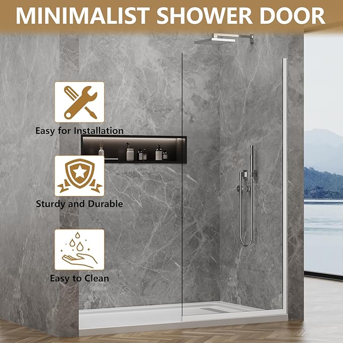 Shower Glass Panel 36" W * 76" H, Semi-Framed Glass Screen, Single Panel, 3/8" (10mm) Tempered Glasss, Shower Wall Panels, Fixed Screen for Bathroom - Bright Chrome