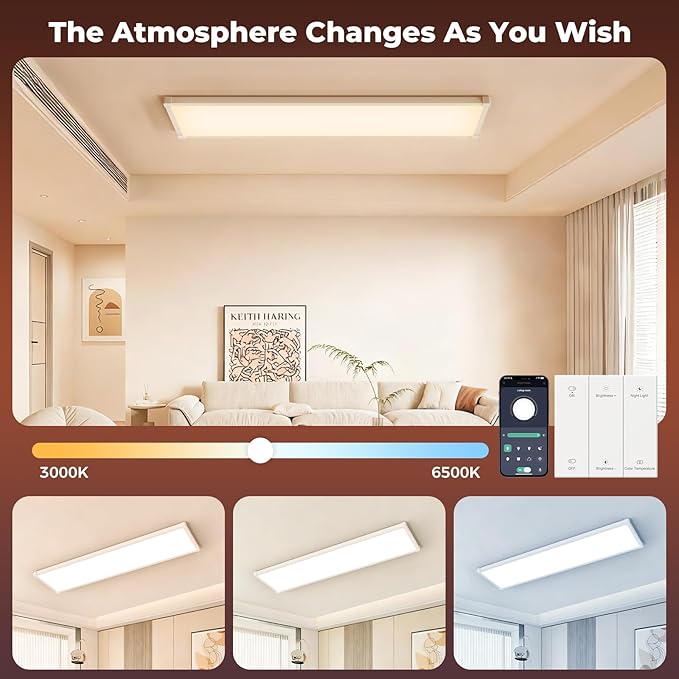 AIKVSXER 6 Pack 1x4 FT LED Flat Panel Light Surface Mount, with Wireless Switch & App Control, Night Mode, 50W 5500LM, 3000K/4000K/6500K, Ultra-Thin LED Light for Office Home,120-277V - White