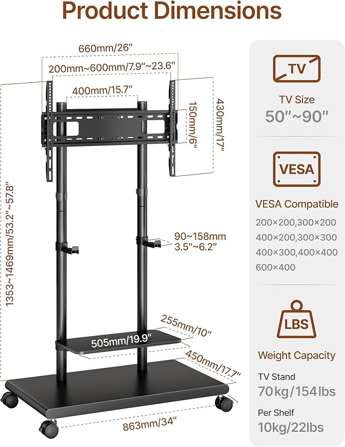 ECOTINY Steel Base Rolling TV Stand with Soundbar Mount for 50-90 inch TVs up to 154lbs, Swivel&Tilt Mobile TV Stand with Large Storage, Height Adjustable Heavy-Duty TV Cart, Max VESA 600x400mm, Black