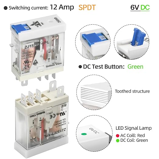 6V DC Electromagnetic Power Relay Miniature Coil 8A 8 Pins 2PDT 2NO 2NC with Indicator Light and Socket Base (5 Pin- 12A, DC 6V)