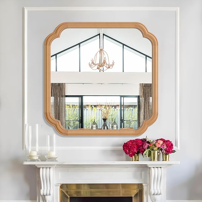 Ferytane Square Natural Wood Mirror 24X24 Inch,Wood Mirror for Bathroom Over Sink Rounded Corner Wooden Framed Mirror for Vanity, Entryway, Living Room Farmhouse, Tempered Glass (Natural Beech Wood)