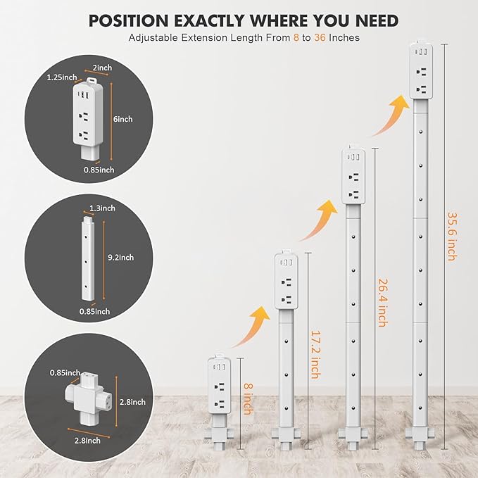 Wall Outlet Extender Stick & Electrical Plug Extension Outlet, Adjustable 8"-36" Wall Plug Extender, Multi Plug with USB C & A, 2 AC, 360° Access for Hard-to-Reach Outlets Behind Furniture Sofa Desk