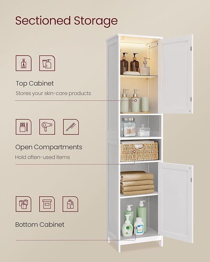 VASAGLE Tall Bathroom Cabinet with Lights, Slim Freestanding Bathroom Storage Cabinet with Adjustable Shelves, for Small Spaces, Modern, 15.7 Inches Wide, Cloud White UBBC766W02