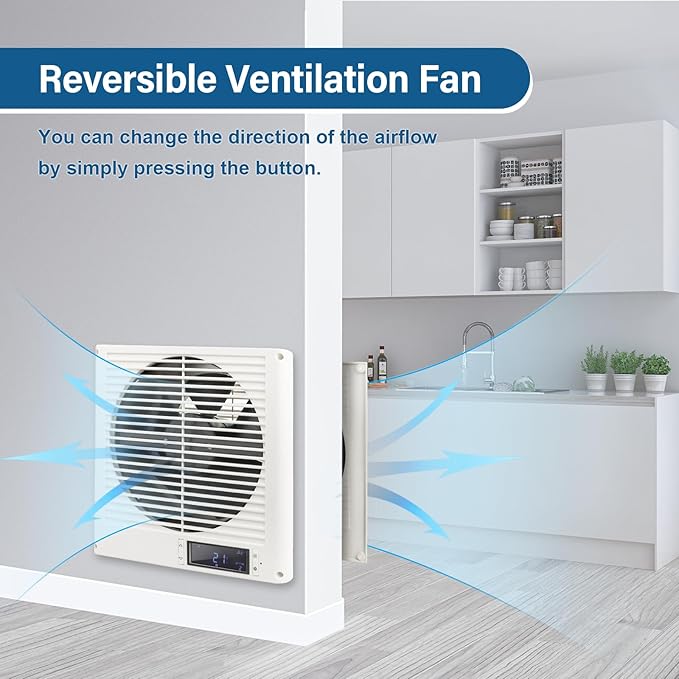 Feeligivin 20W 8” Room to Room Fan 10-Speed RC Two-Way Reversible Airflow Through Wall with Temperature and Timer Setting In-Wall Vent Fan