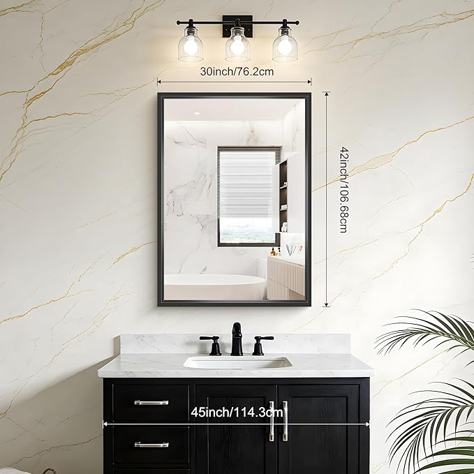 Bathroom Mirror, 42 x 30 Inch Brushed Black Rectangle Mirror, 0.6" Thickened Deep Frame Vanity Mirrors for Bathroom Sink, Shatterproof Tempered Glass, Antirust, Horizontally or Vertically