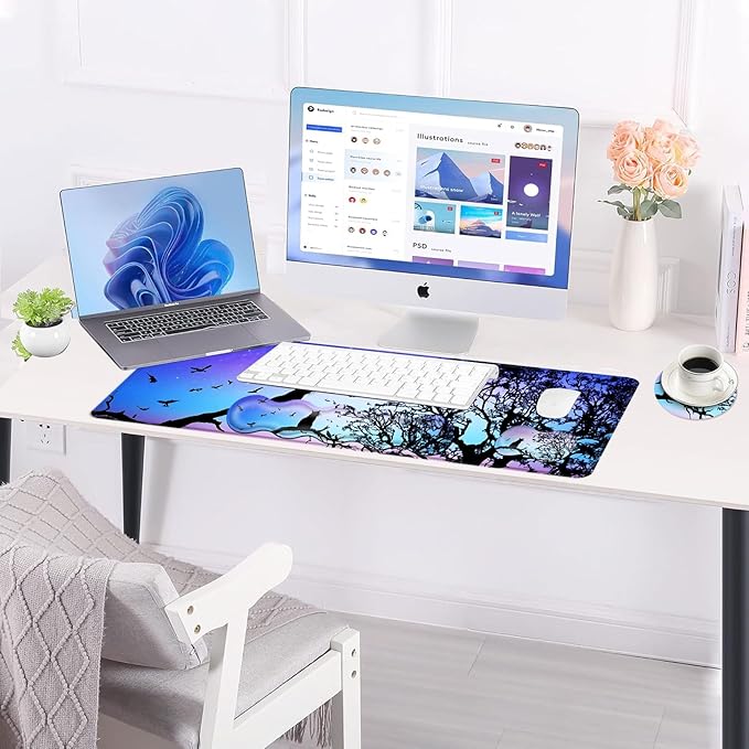 BFUKVOU Large Keyboard Mouse Pad Set, Extended Mouse Pad+Keyboard Wrist Rest Support, Memory Foam Ergonomic Easy Typing, 4Pcs (31.5×11.8 in) Desk Pad Set for Office Home,Black Cat Under Starry Night