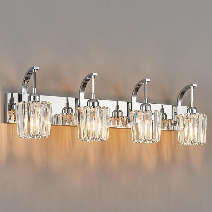 FDPBY Modern Bathroom Vanity Light, 4-Light Chrome Wall Sconce with Crystal Accents, Over Mirror Bathroom Lighting Fixture, 32.67" Long Dimmable Vanity Lamp for Makeup, Easy Installation