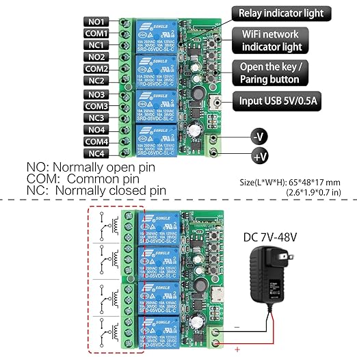 DieseRC 4 Channels WiFi Smart Switch with Bluetooth Transmitter, DC 5V 12V 24V 36V Passive Output Relay Module Ewelink APP WiFi Control Compatible with Alexa/Google Home, Inching/Self-Locking Switch