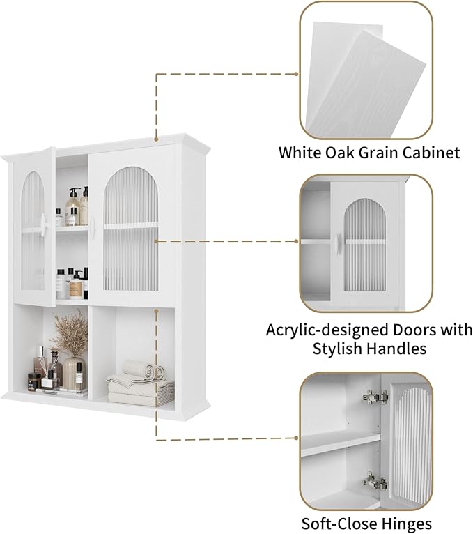 CJL Bathroom Wall Cabinet with Fluted Door, 23.6'' x 29.5'' Medicine Cabinet, Over The Toilet Storage Cabinet, White