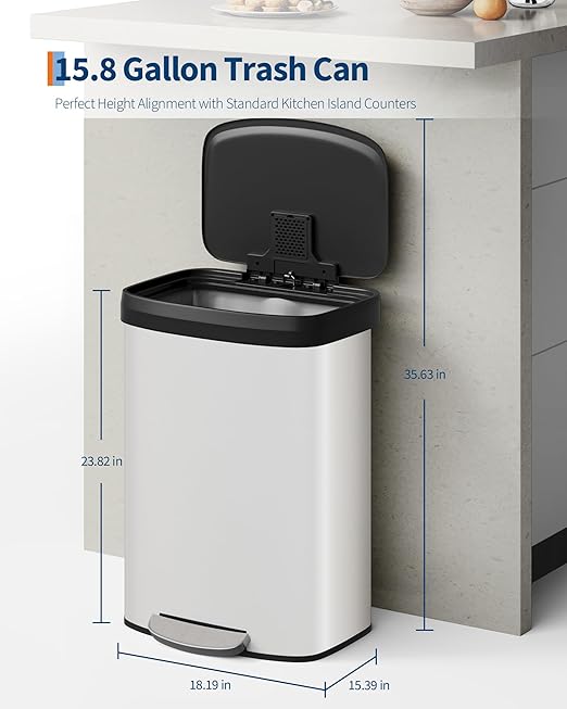 Garvee 16 gal / 60 L Metal Trash Can with Lid, Large Garbage Can for Kitchen, Rustproof Step-on Kitchen Metal Trash Bin with Liner Rim, Rear Handle, Soft Close Plastic Lid, White
