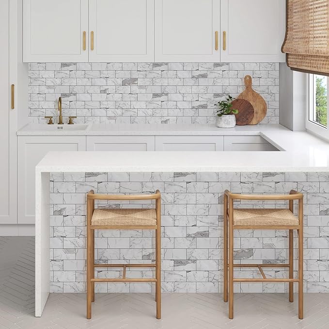 Vamos Tile Peel and Stick Backsplash Tile, 3''x6'' PVC Subway Tile, Stick on Backsplash for Kitchen/Bathroom/Fireplace,4-Piece Glossy Statury White with Dark Gray Grout