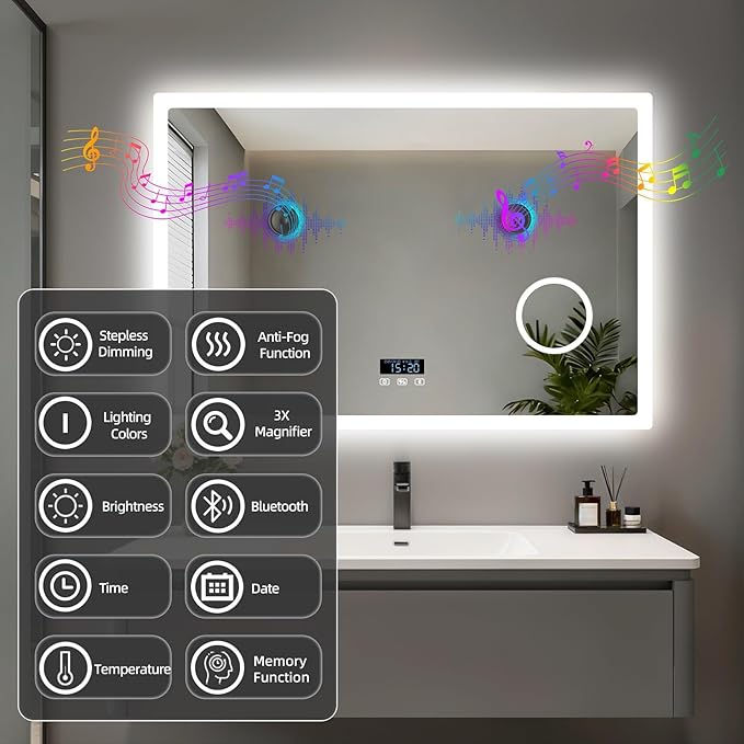 LUVODI Bathroom Mirror LED Lighted: 40x24 inch Rectangle Makeup Vanity with Bluetooth Speaker, Time Display, Magnifier, Anti-Fog, Memory Function, 3 Color Temperature