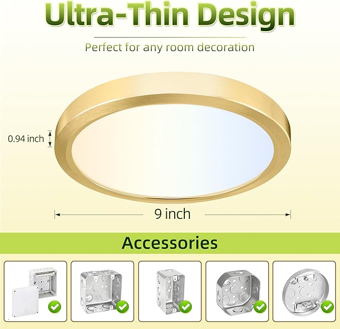 hykolity 9 Inch Selectable CCT LED Round Flat Panel Light, 18W 1800LM 3000K/4000K/5000K, Edge-Lit Flush Mount Ceiling Light Fixture for Kitchen, Bedroom, Laundry and Closet Room, Gold