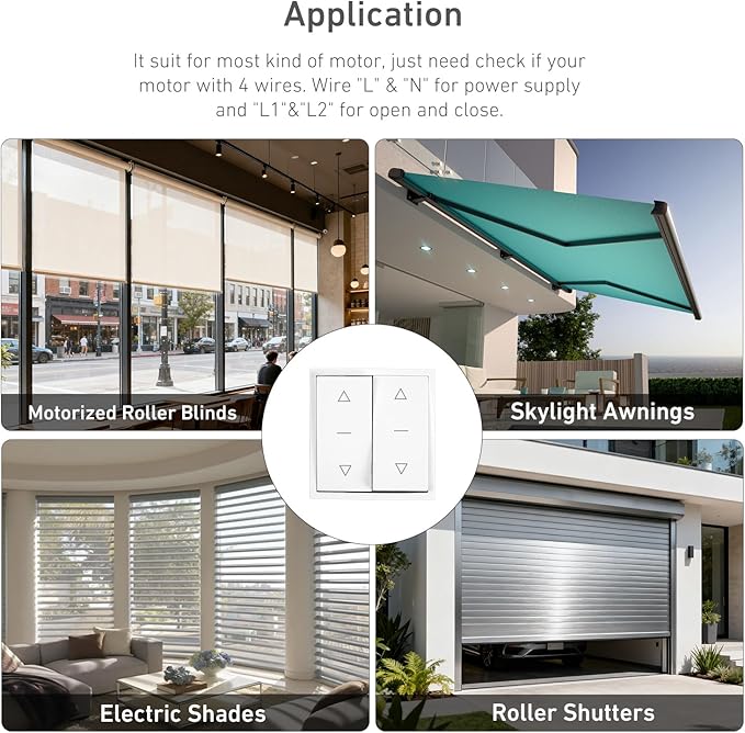 4-Wire Motorized Shade Switch, Wall Mount Controller for Tubular Motor, Roller Shutter, Awning, Electric Blinds & Garage Door, Up/Stop/Down Control