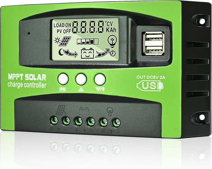 100A MPPT Solar Charge Controller 12v/24v Current Auto Focus MPPT Tracking Charge with LCD Display Dual USB Solar Regulator Charge Controller Multiple Load Control Modes