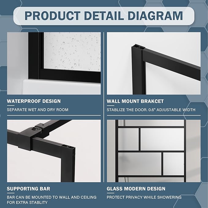Goodyo 34” X 72” Shower Door Tempered Glass Framed Shower Screen Panel for Walk-in Bathroom Matte Black Finish, Middle Glass Frosted Pattern, 3-Pieces Glass