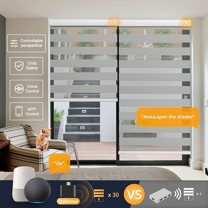 MUSCLEAREA Motorized Blinds with Remote, Cordless Automatic Zebra Shades, Smart Blind for Windows, Grey, 27 x 72
