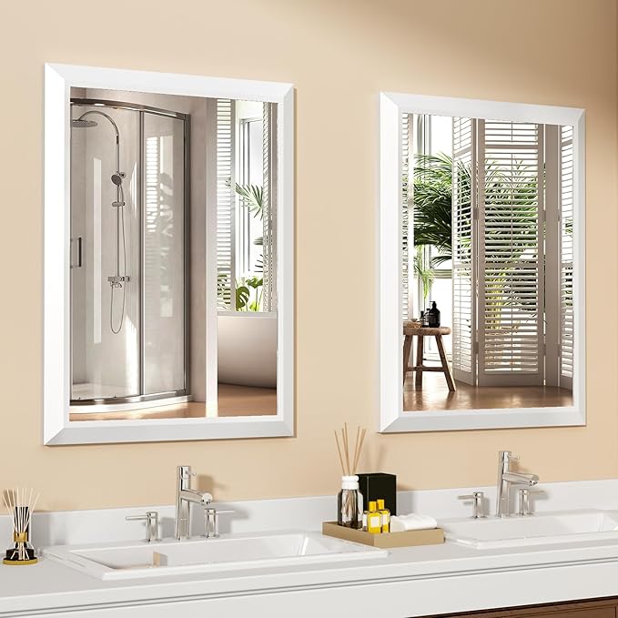 SMIROR Matte White Bathroom Mirror for Over Sink, 30”x 30” Metal Thick Framed Rectangle Vanity Mirror for Wall, Right Angle Corner, Anti-Rust, Horizontally or Vertically Mounted