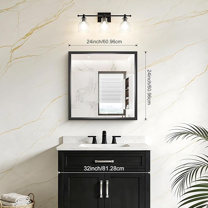 24x24 Square Black Mirror, Bathroom Mirrors for Over Sink 0.6" Thickened Deep Frame, Brushed Black Rectangle Mirrors for Wall, Shatterproof Tempered Glass, Antirust, Horizontally or Vertically