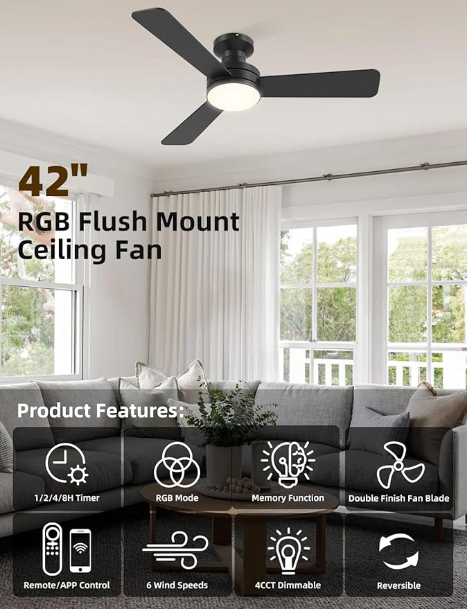Homlit 42" RGB Ceiling Fan with Light, Music Sync Smart Fan with Alexa/Google/App Control, Low Profile Flush Mount, 6-Speed Quiet DC Motor, 4 CCT Dimmable Lighting for Bedroom Living Room, Black