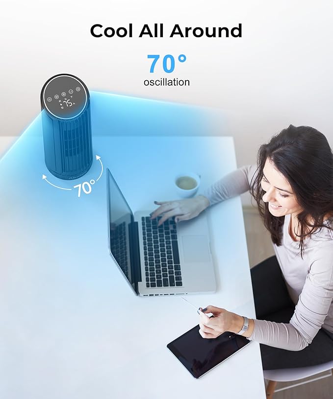 Abolee Tower Fan for Bedroom, 23ft/s Desk Fan with Remote, 70° Oscillating Desk Fan, 4 Speeds, 4 Modes,12Timer, 13'' Bladeless Portable Fan for Bedroom Office Home Black