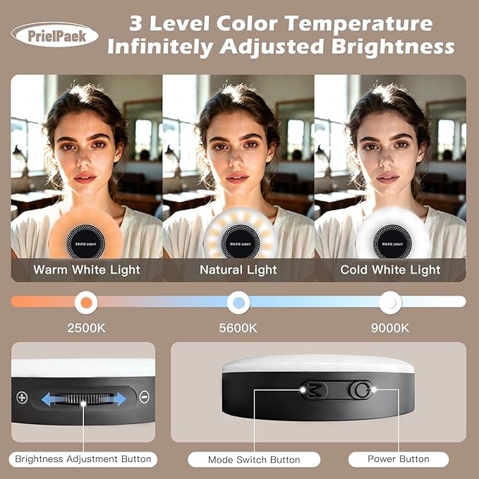 PrielPaek 3-in-1 Magnetic Beauty Selfie Light for Phones, with 2.4" Mirror Magnetic Selfie Light, Adjusted 3 Modes, Rechargeable Fill Light for Selfies, for Photography,Makeup,Vlog,TikTok,Video(Black)