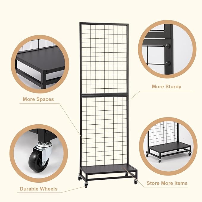 NectaCol Grid Wall Panels, 2'x 6' Gridwall Panel Display Stand with Baseplate, Black Wire Grid Wall Display Rack, Grid Panels for Display, Retail Display Stand - 1 Pack