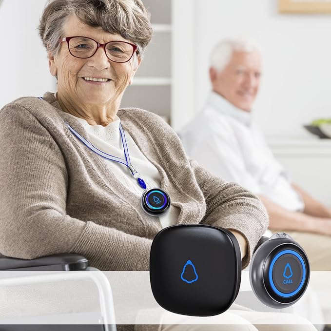 Caregiver Pager, Wireless Call Button for Seniors/Elderly at Home, 2 SOS Buttons + 1 Receiver Medical Life Alert System, Emergency Panic Call Bell, Nurse Calling & Patient Assistance Alarm
