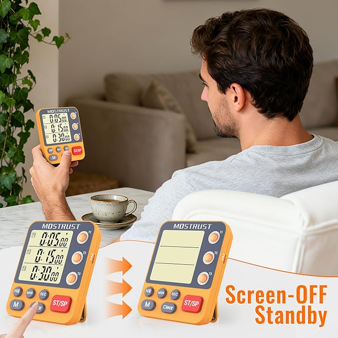 MOSTRUST Digital Dual Kitchen Timer, 3 Channels Countdown Triple Timer for Cooking, Magnetic Memory-Preset Large Display Adjustable Alarm Volume, Multi Times Management, 3A Battery Included, Orange