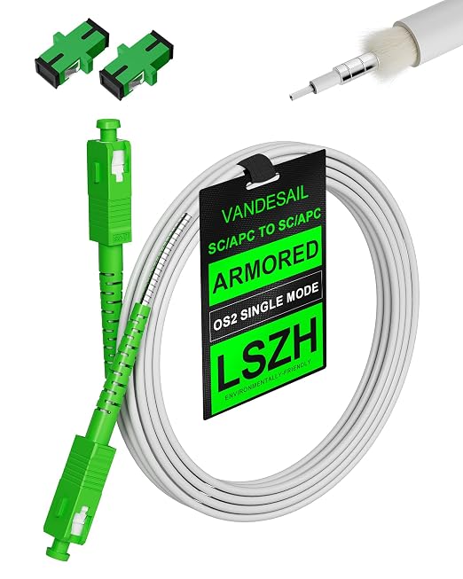 SC/APC to SC/APC Fiber Optic Internet Cable White 12M, Armored Single Mode by VANDESAIL